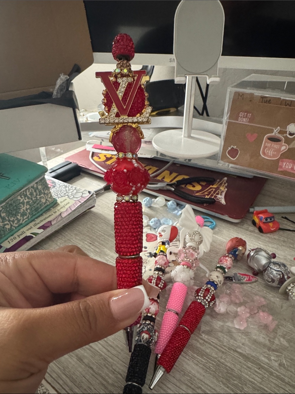 Red Crystal Beaded Pen with Decorative Logo Accent